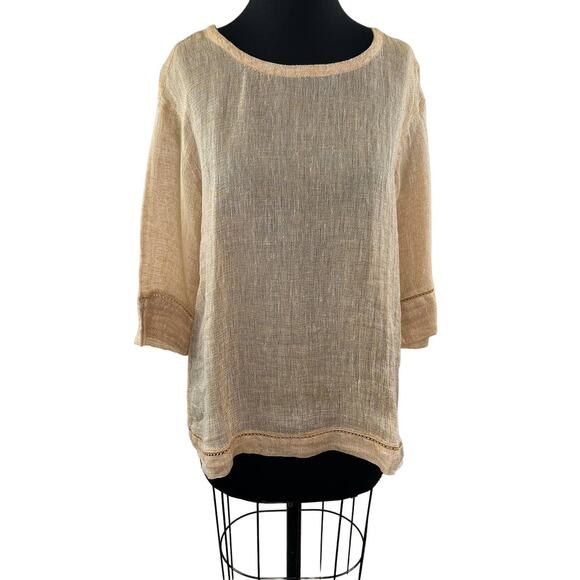J. Jill Pure Jill Linen Tan Open-Knit 3/4 Sleeve Round Neck Top Lightweight M - Picture 1 of 7